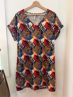 Mata Traders V-Neck‎ Midi Dress in Cream, Blue, Red, Gold Leaf Print
